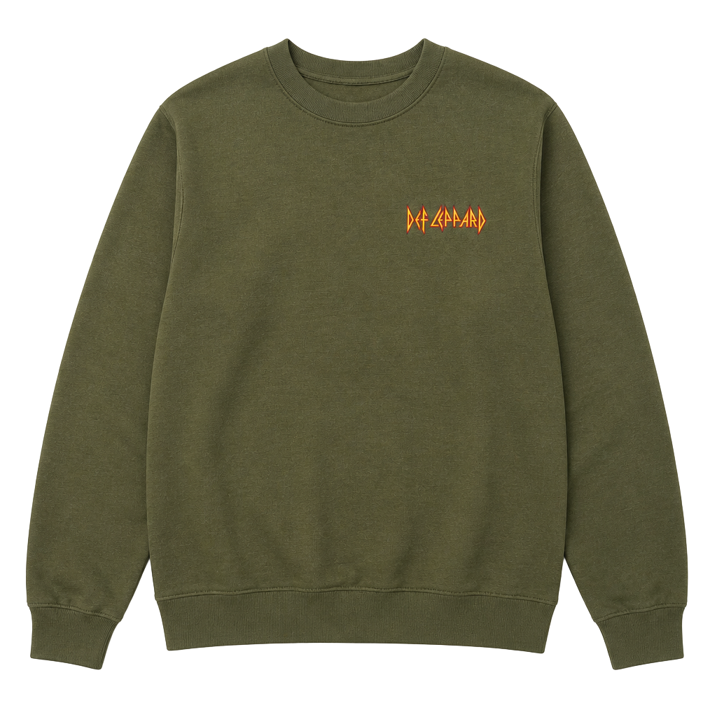 Def Leppard Small Embroidered Logo Olive Green Crewneck Sweatshirt 1