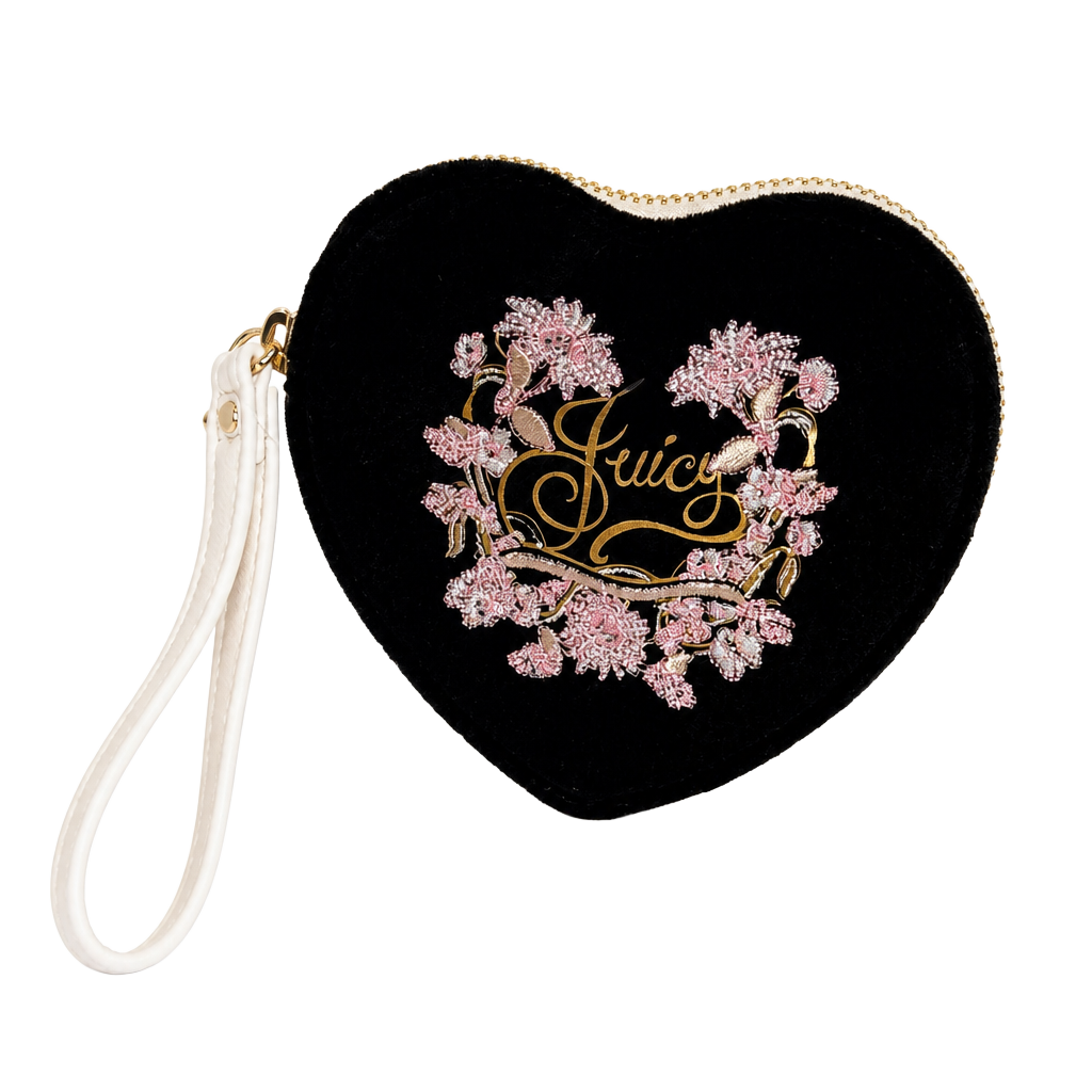 Juicy Couture Juicy In Bloom Heart ZA Coin Purse Wristlet Liquorice Black Velour 1