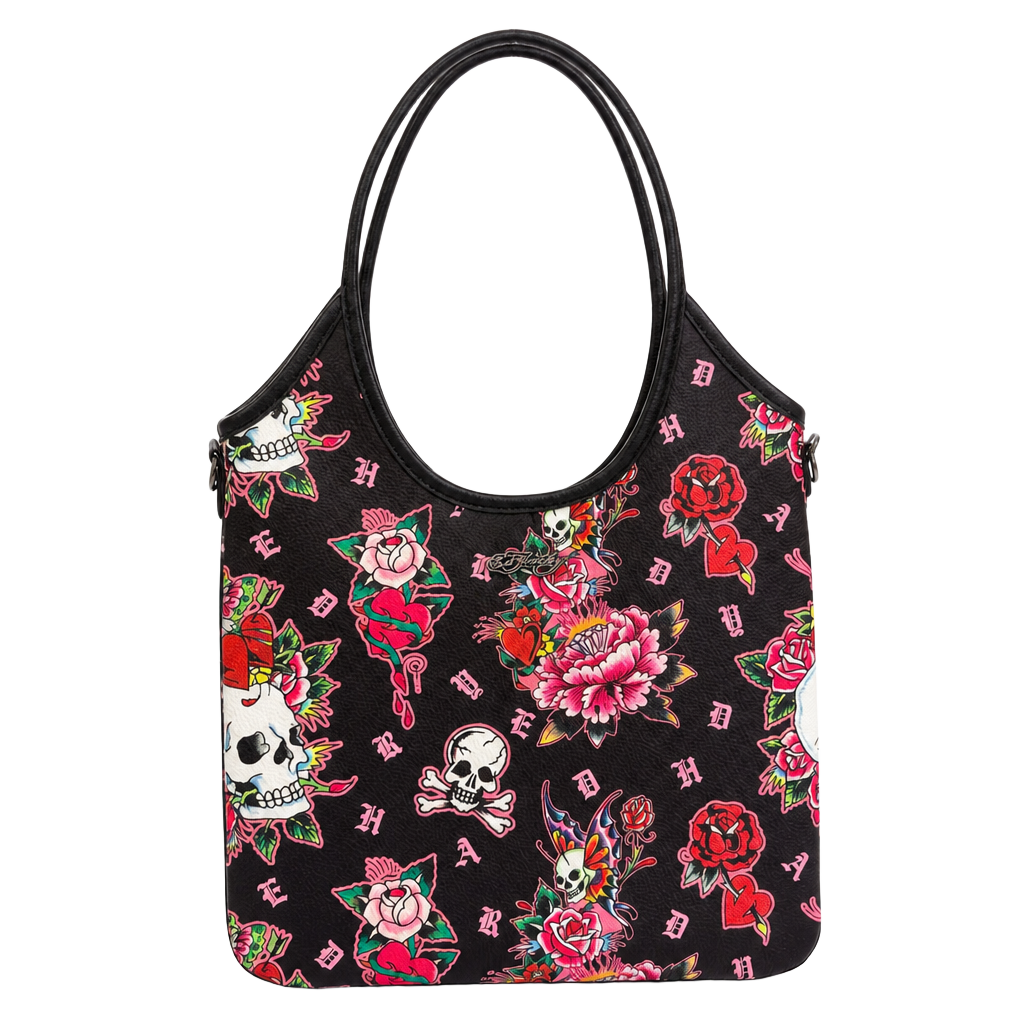 Ed Hardy Women's Black and Pink Skull and Rose Tattoo Print Tote Bag 1