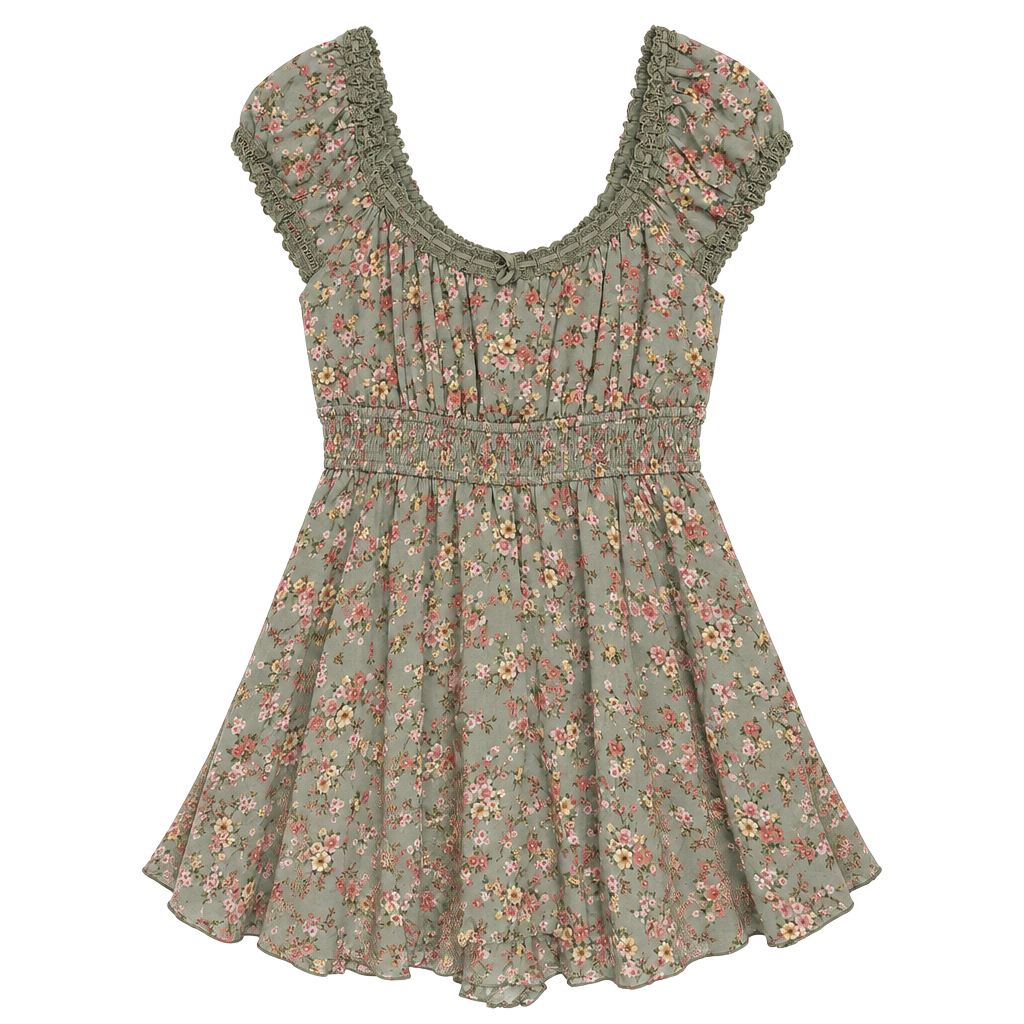 Altar'd State Floral Romper Size L Green Smocked Puff Sleeve 1