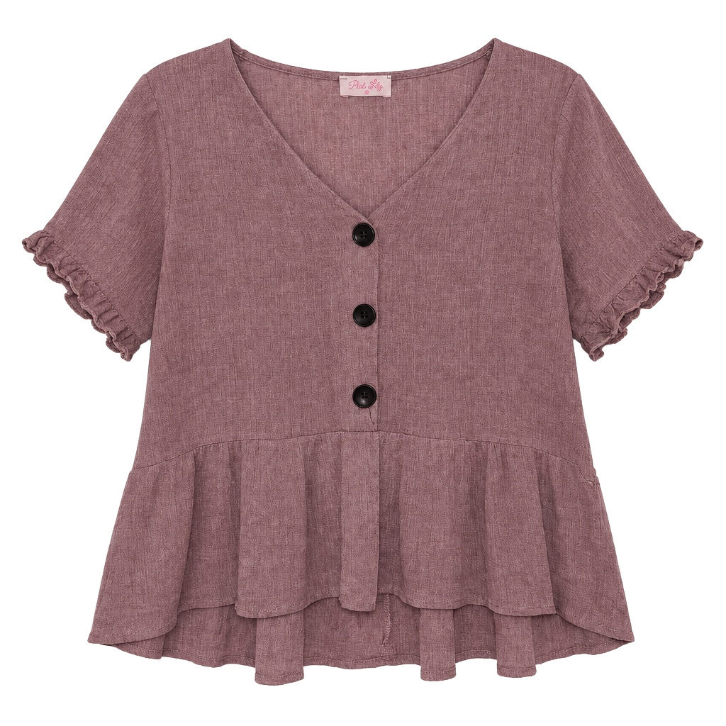 Pink Lily Peplum Blouse Size M Mauve Button Front Ruffle Sleeves 1