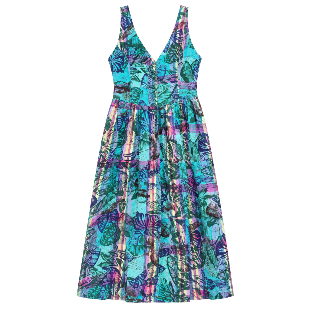 Vintage Nouveau Faces Tropical Leaf Print Button Front Midi Dress 1