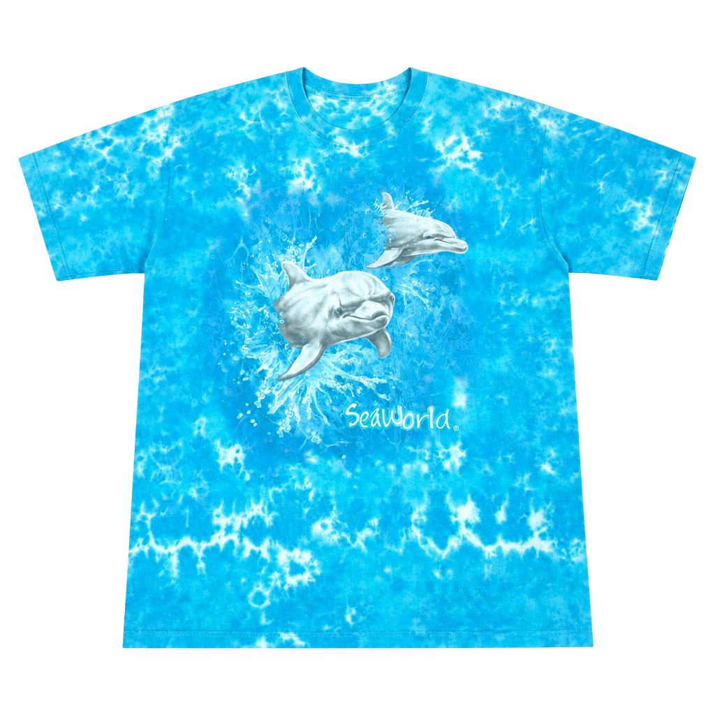 Vintage SeaWorld Dolphin Tie Dye T-Shirt Size Large Blue Breakthrough AOP 1