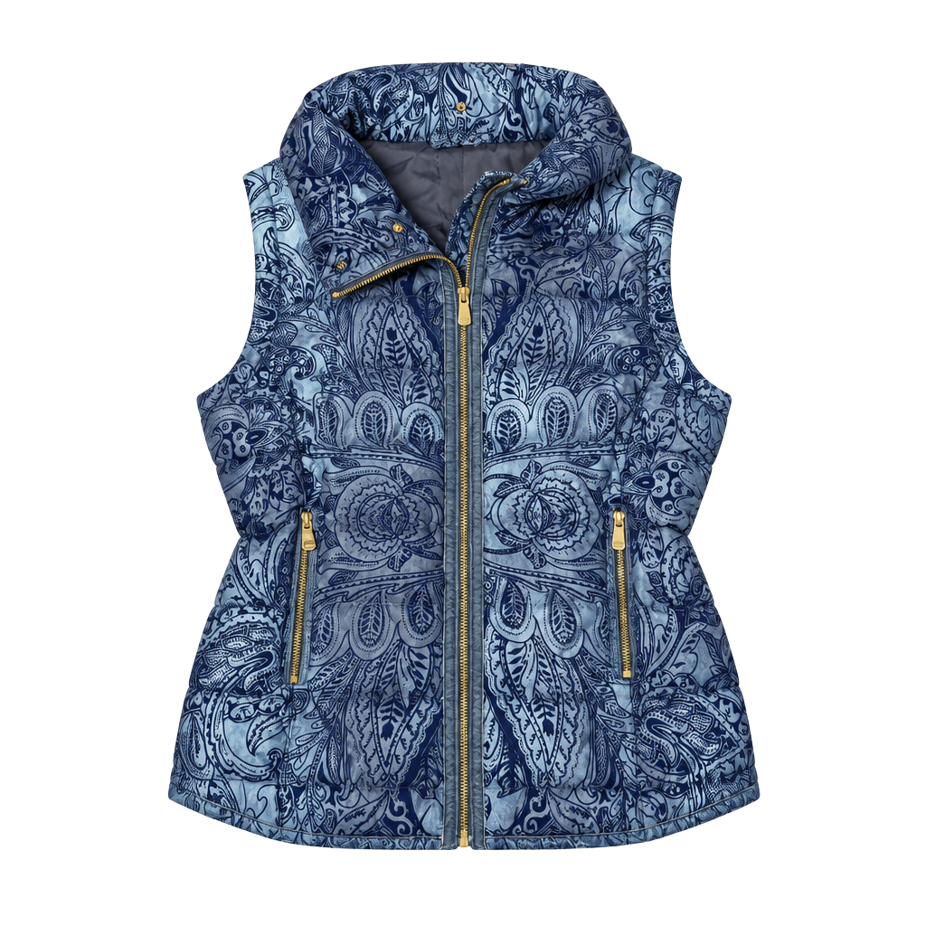 Desigual Puffer Vest Size M Blue Paisley Quilted Full Zip Velvet Look 1
