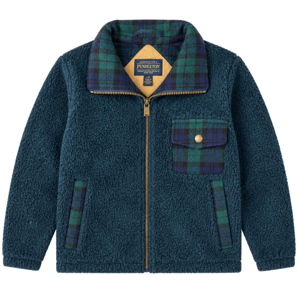 Vintage Essential Pendleton Sherpa Fleece Jacket Size L Green Plaid Full Zip 1