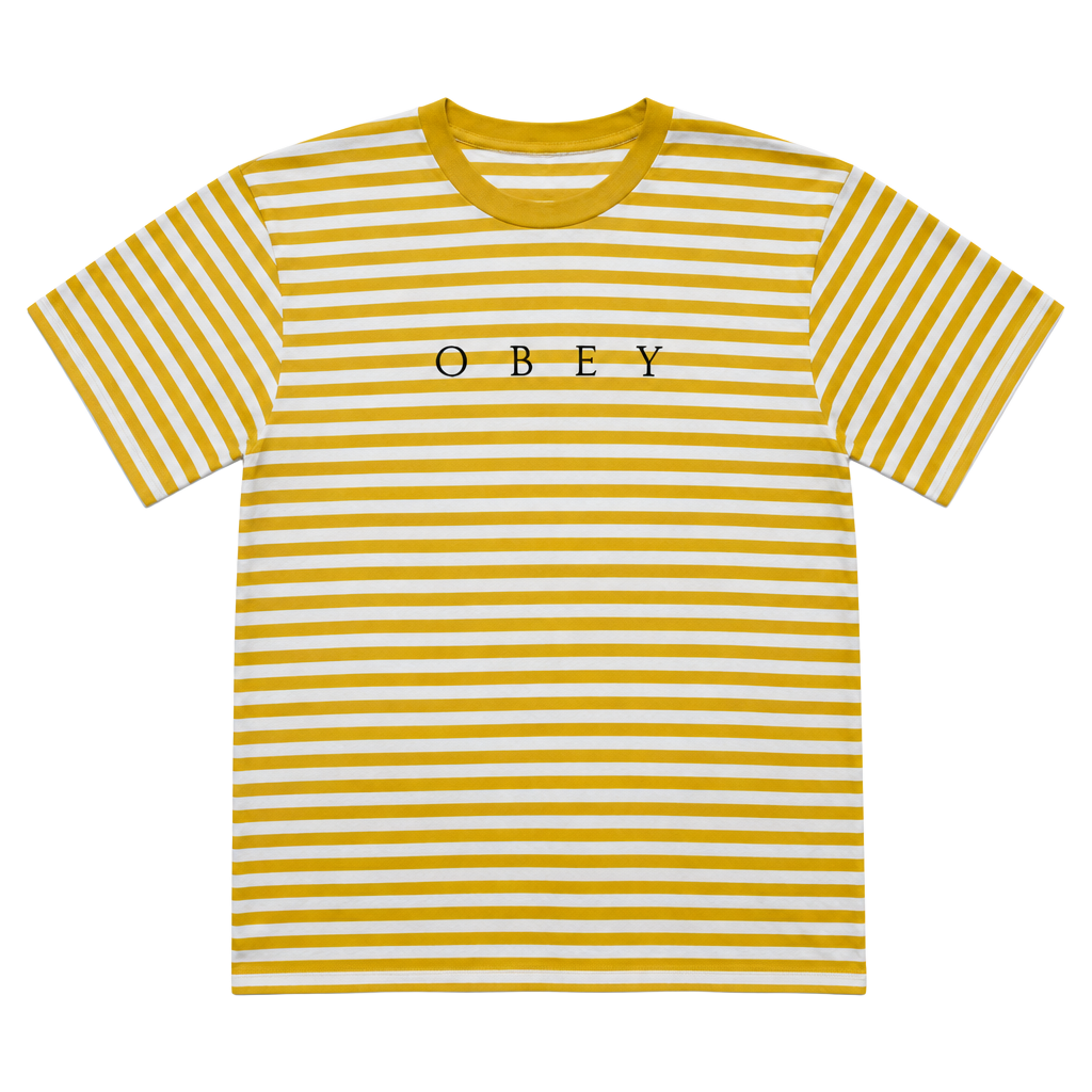 Obey Striped Logo T-Shirt Size L Yellow White Short Sleeve Tee 1