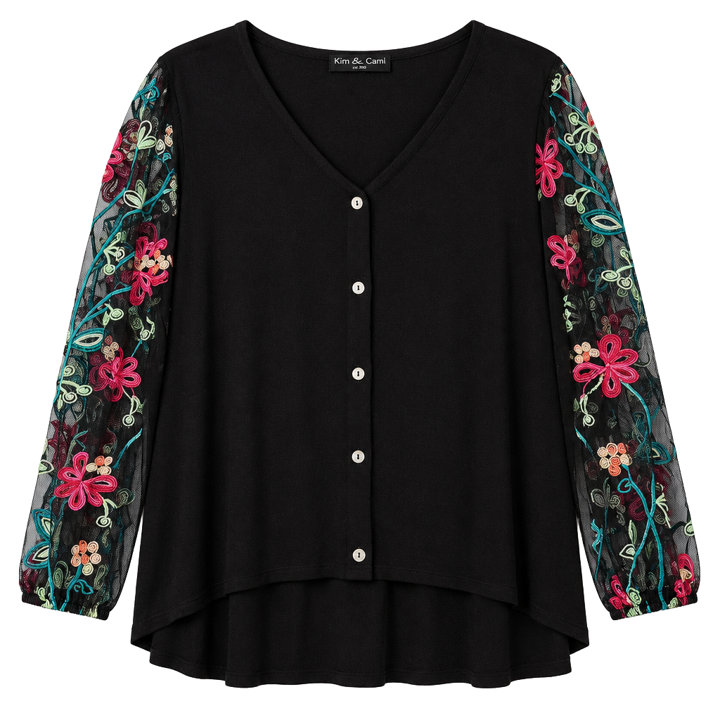 Kim & Cami Button Up Blouse Size Large Black Floral Embroidered Mesh Sleeve 1