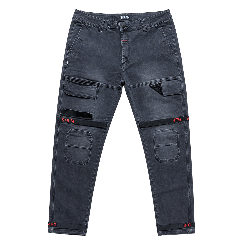 8 + 9 MFG Black Cargo Jeans with Red Detailing 1