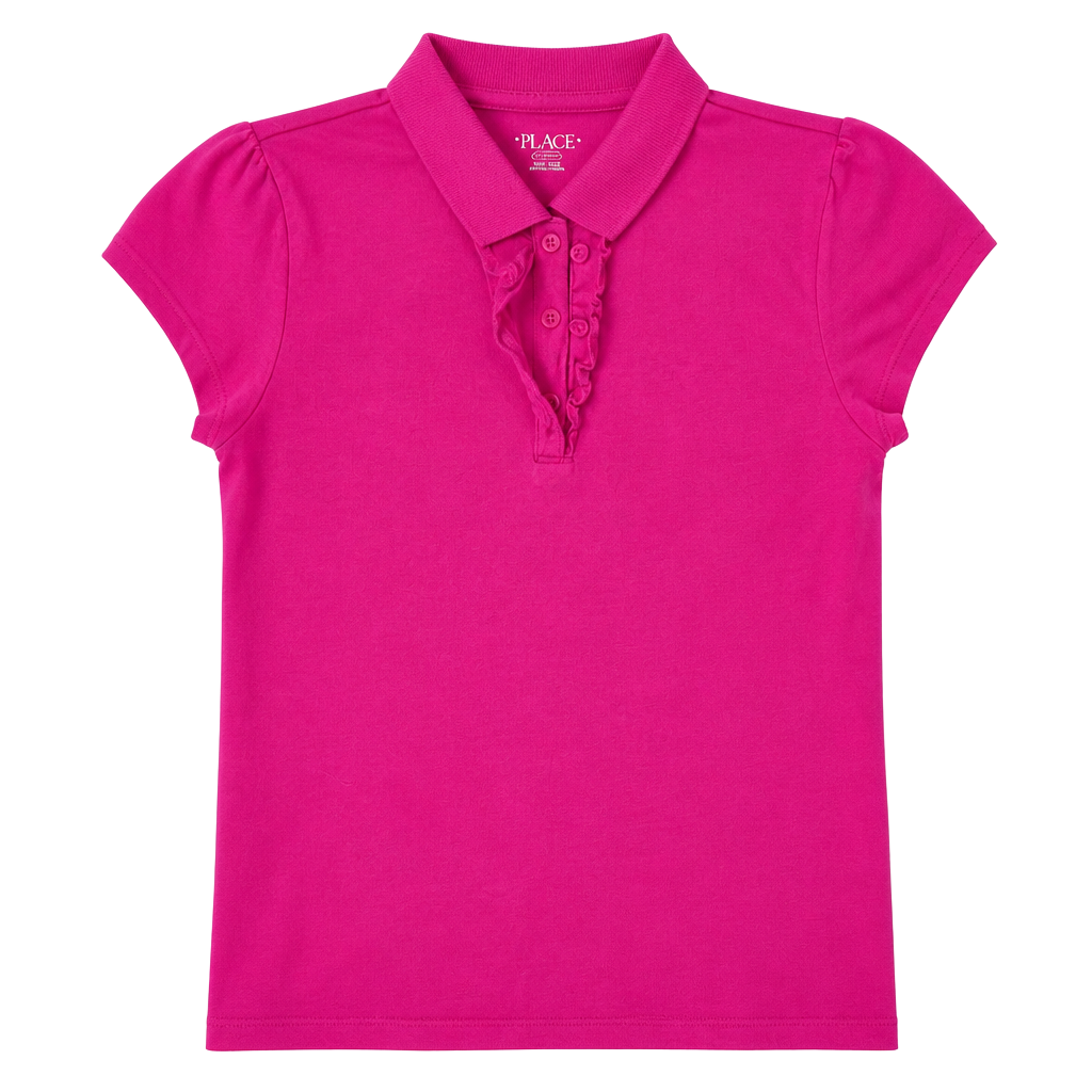 Girls Uniform Short Sleeve Ruffle Pique Polo - PINK 1