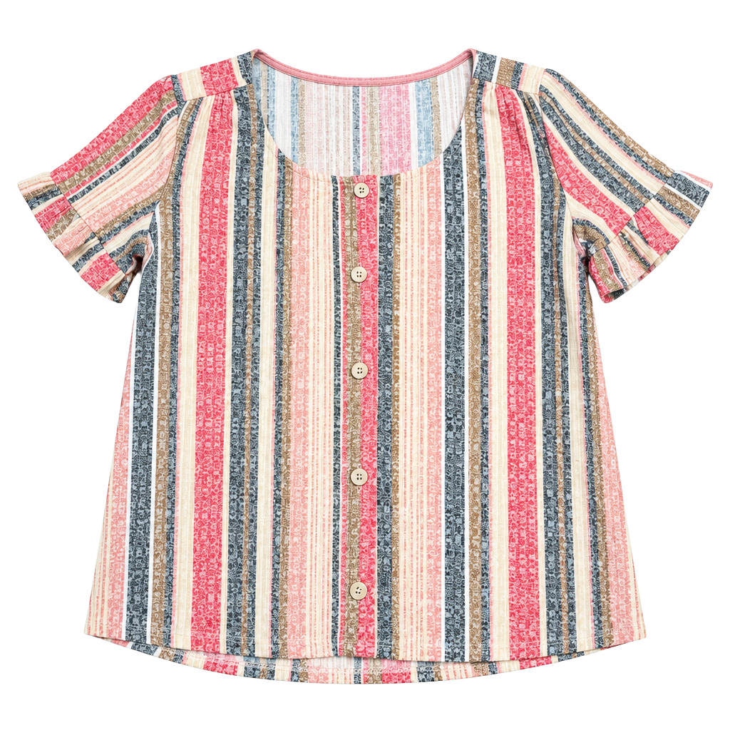 W5 Striped Blouse Size S Multicolor Button Front Ruffle Short Sleeve Top 1
