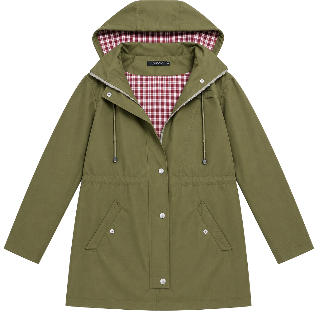 LOMON Rain Jacket Size S Green Plaid Lined Waterproof Hooded Trench 1