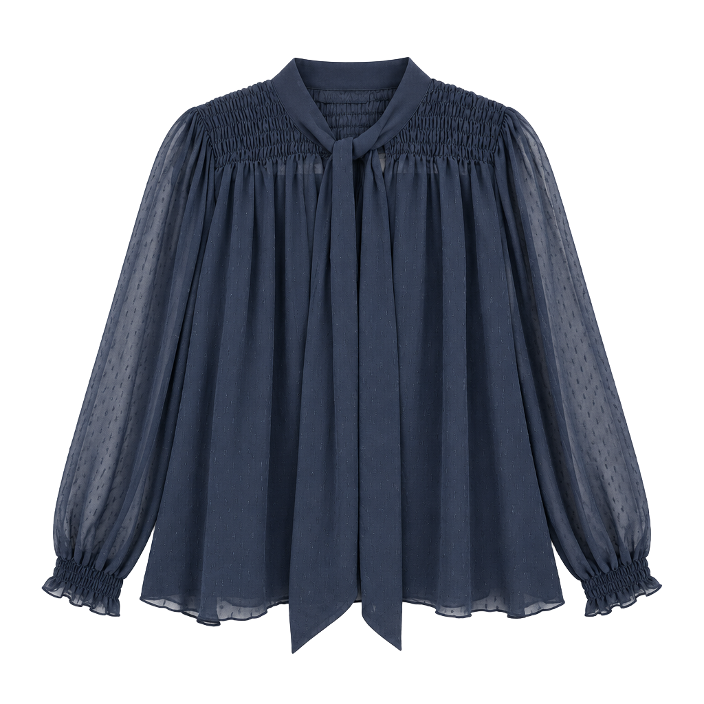 Banana Republic Tie-Neck Blouse Size XS Navy Sheer Long Sleeve 1