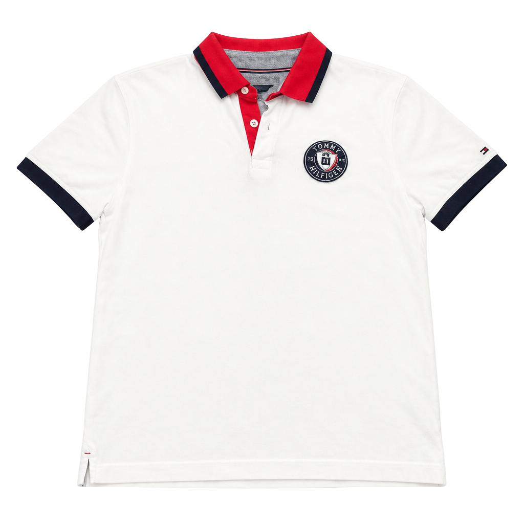 Tommy Hilfiger White Tipped Polo Shirt with Red Collar and Chest Logo 1