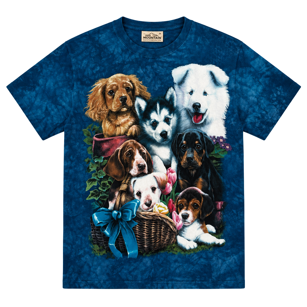 The Mountain Puppy Collage T-Shirt Size M Blue Tie Dye Graphic Tee 1
