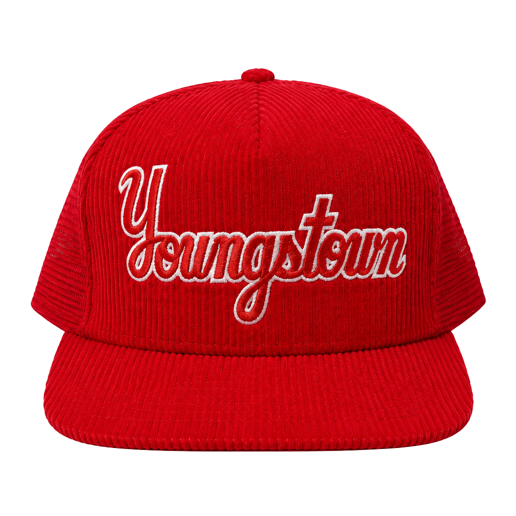Youngstown Clothing Co. Trucker Hat One Size Fits All Red Script Corduroy 1