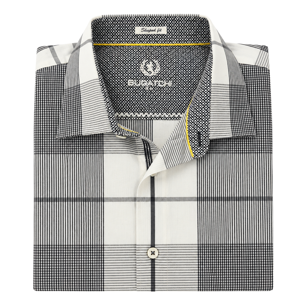 Bugatchi Plaid Sport Shirt Shaped Fit White Black Long Sleeve 1