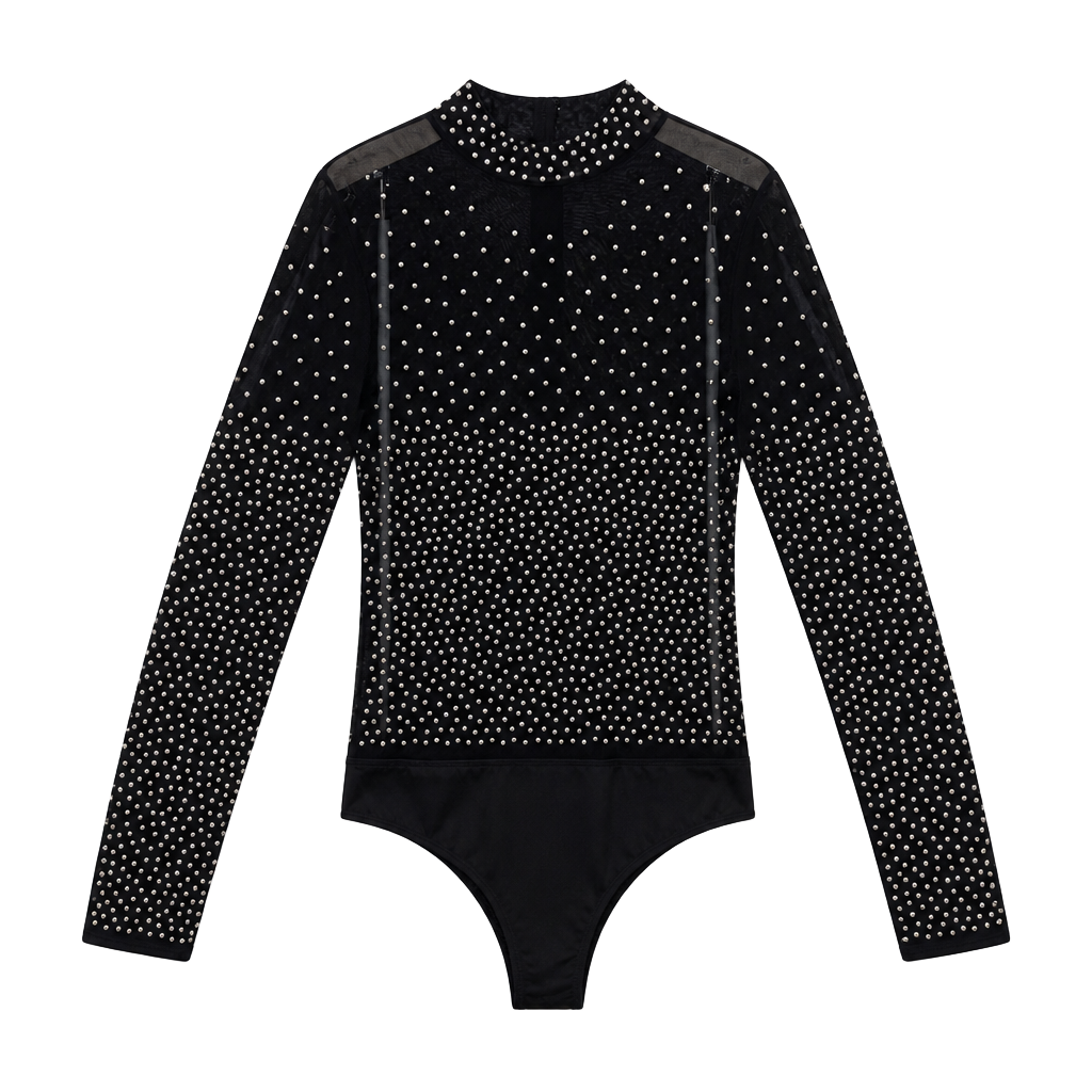 Banjul Black Rhinestone Studded Mesh Long Sleeve Mock Neck Bodysuit LARGE 1