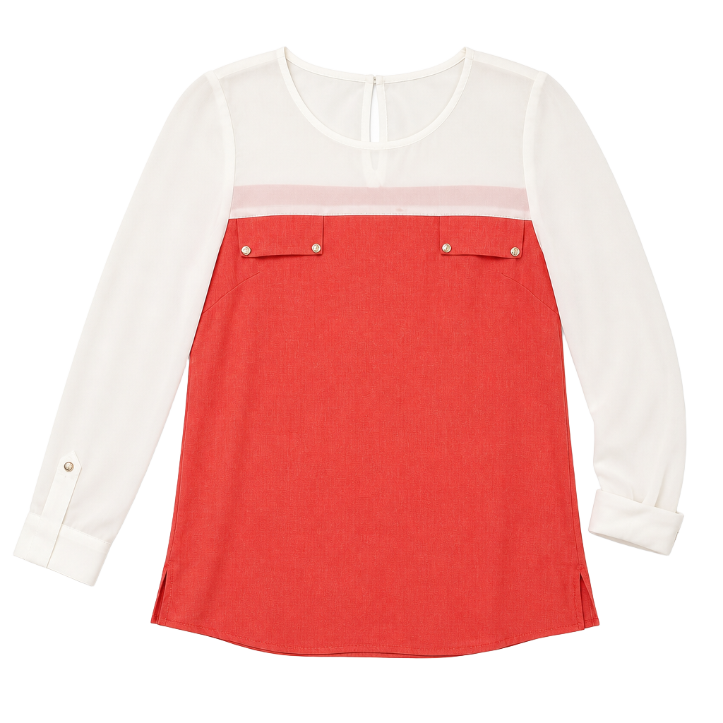 In Style Women's Color Block Long Sleeve Blouse, Coral and Ivory MEDIUM 1