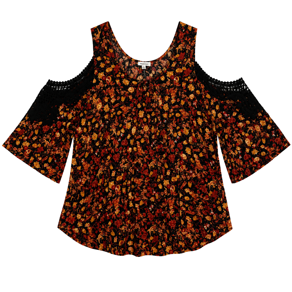 PLUS SIZE Black Orange Floral Cold Shoulder Crochet Lace Bell Sleeve Blouse 1
