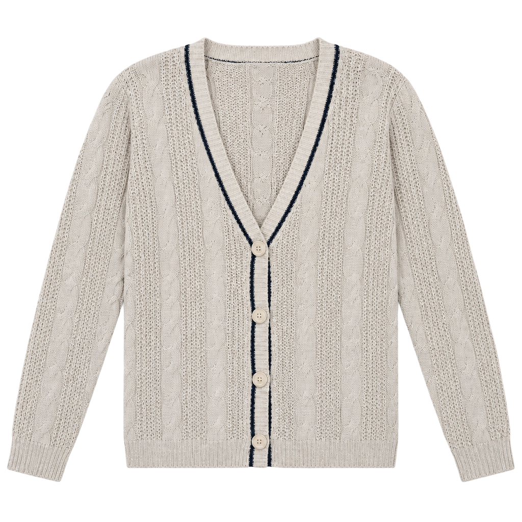 Y2k Jessica Simpson Cream Cable Knit V-Neck Cardigan Sweater Navy Trim Medium 1