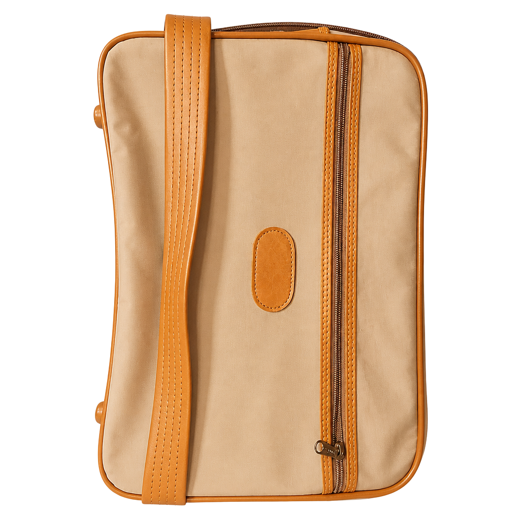 Vintage . American Tourister Mid-Century Style Shoulder Messenger Bag | Two-Tone Taupe & Cognac 1