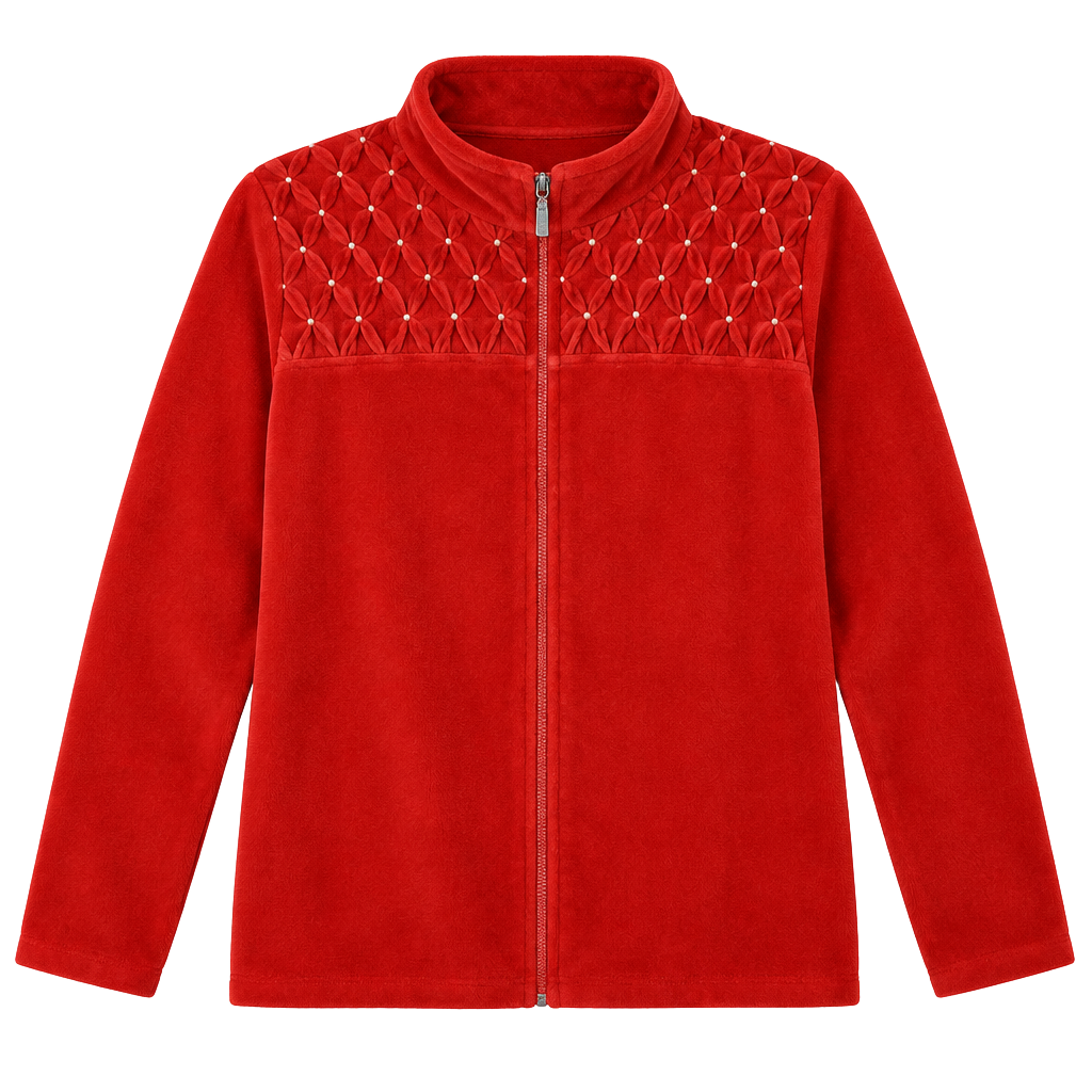 Quacker Factory Red Velour Pearl Embellished Smocked Zip Jacket M 1