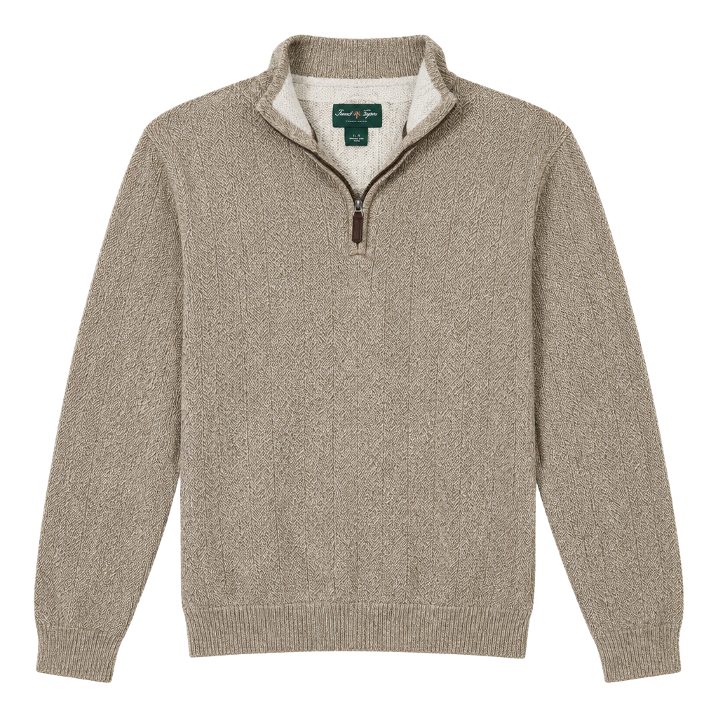 David Taylor Collection Men's Large Tan Ribbed Knit 1/4 Zip Sweater Fleece Lined Collar 1