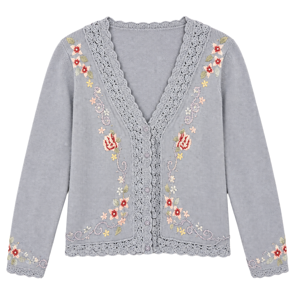 Vintage Pastel Periwinkle Floral Embroidered Cardigan Sweater (Size XL) 1