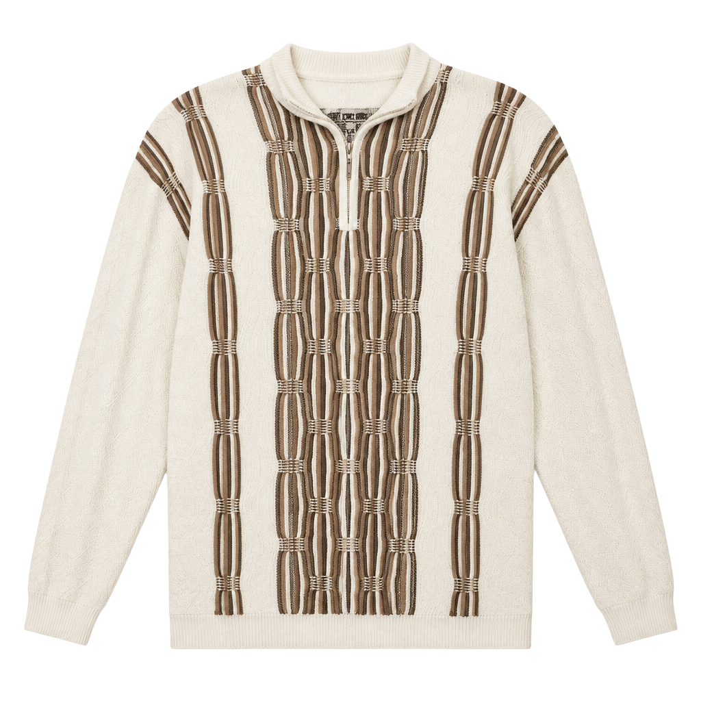• Stacy Adams 2XLT Cream & Earthtone Jacquard Textured 1/4 Zip Pullover Sweater 1