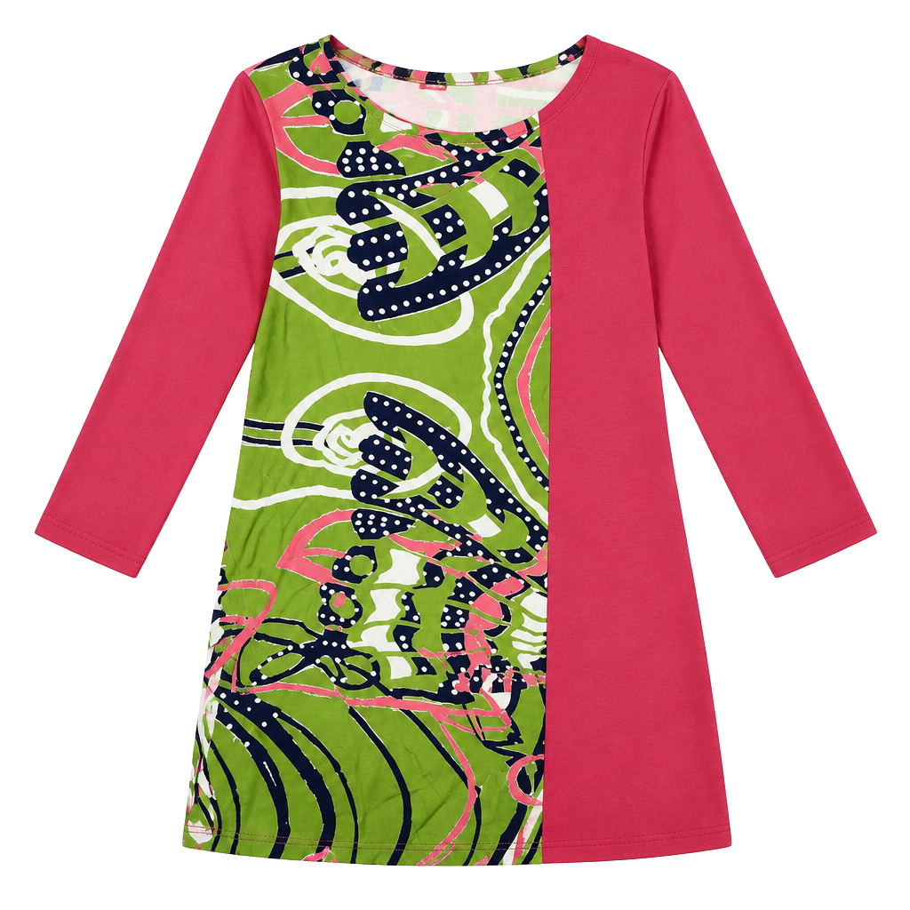 Preka Colorblock Asymmetric Midi Dress – Abstract Swirl & Dot Print, Size Large 1