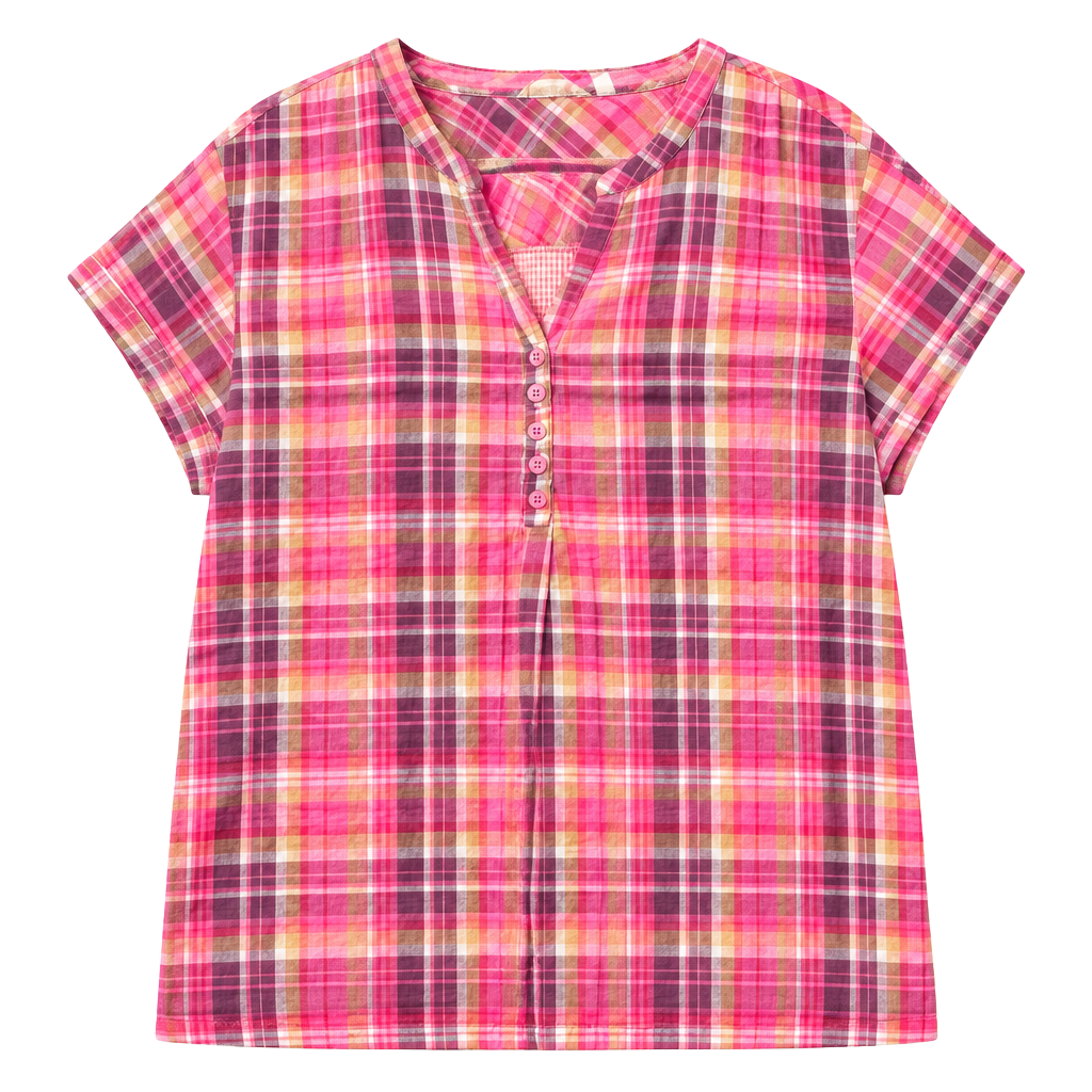 Soft Surroundings Plaid Pop Over Top Size XL Pink Short Sleeve Cotton Blouse 1