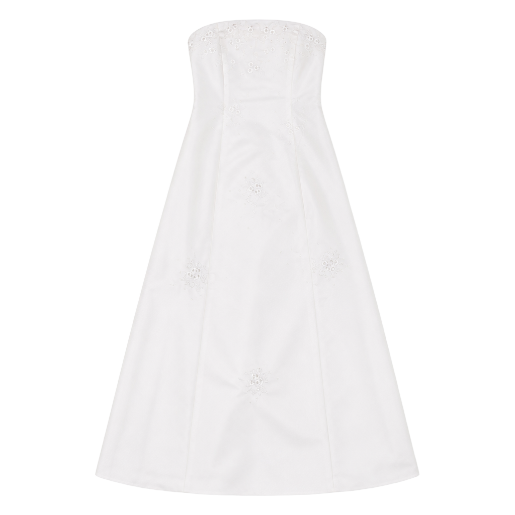 Y2K Vintage White Strapless A-Line Wedding Prom Dress with Floral Embroidery 1