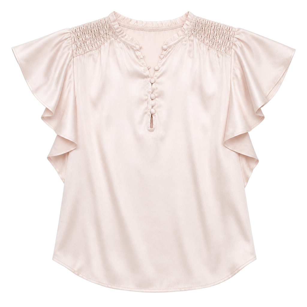 Elie Tahari Pink Satin Babydoll Blouse Ruffle Sleeve Button Front 1