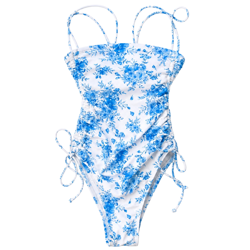 Wild Fable Blue Floral Ruched Side Tie One Piece Swimsuit 1