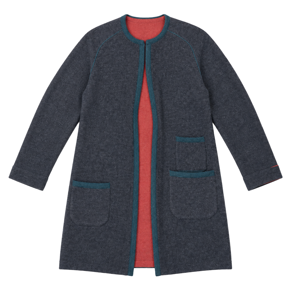 Rena Lange Open Front Cardigan Sweater Dark Brown Red Trim 1
