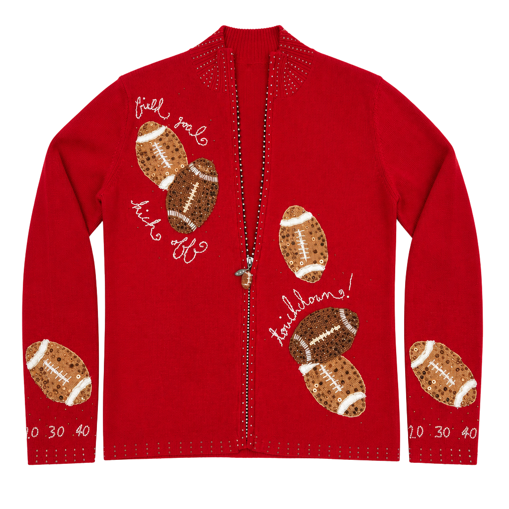 VINTAGE Berek Women's Red Beaded Football Themed Full Zip Sweater size Large 1