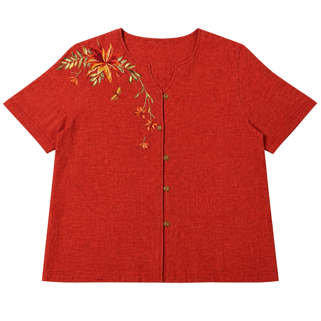 Koret Petites Size M Red Linen Blend Embroidered Floral Button Down Shirt 1