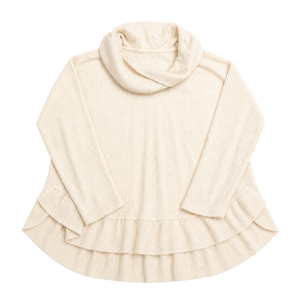 Maeve Addie Cowl Neck Hacci Pullover Size Medium Ivory Ruffled Hem 1
