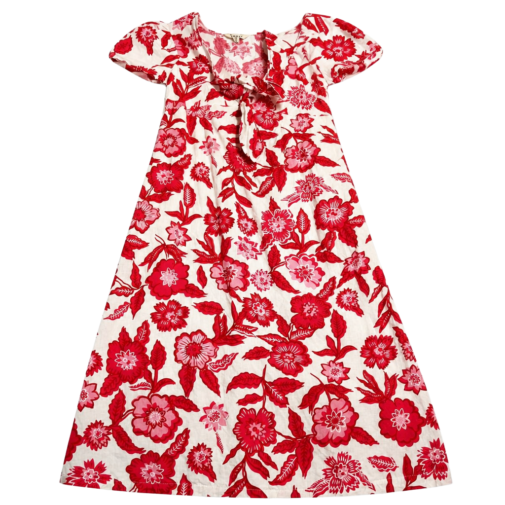 Boden Tie Front Linen Midi Dress Pop Peony Pansy Bloom Women's Size 2P Red White 1