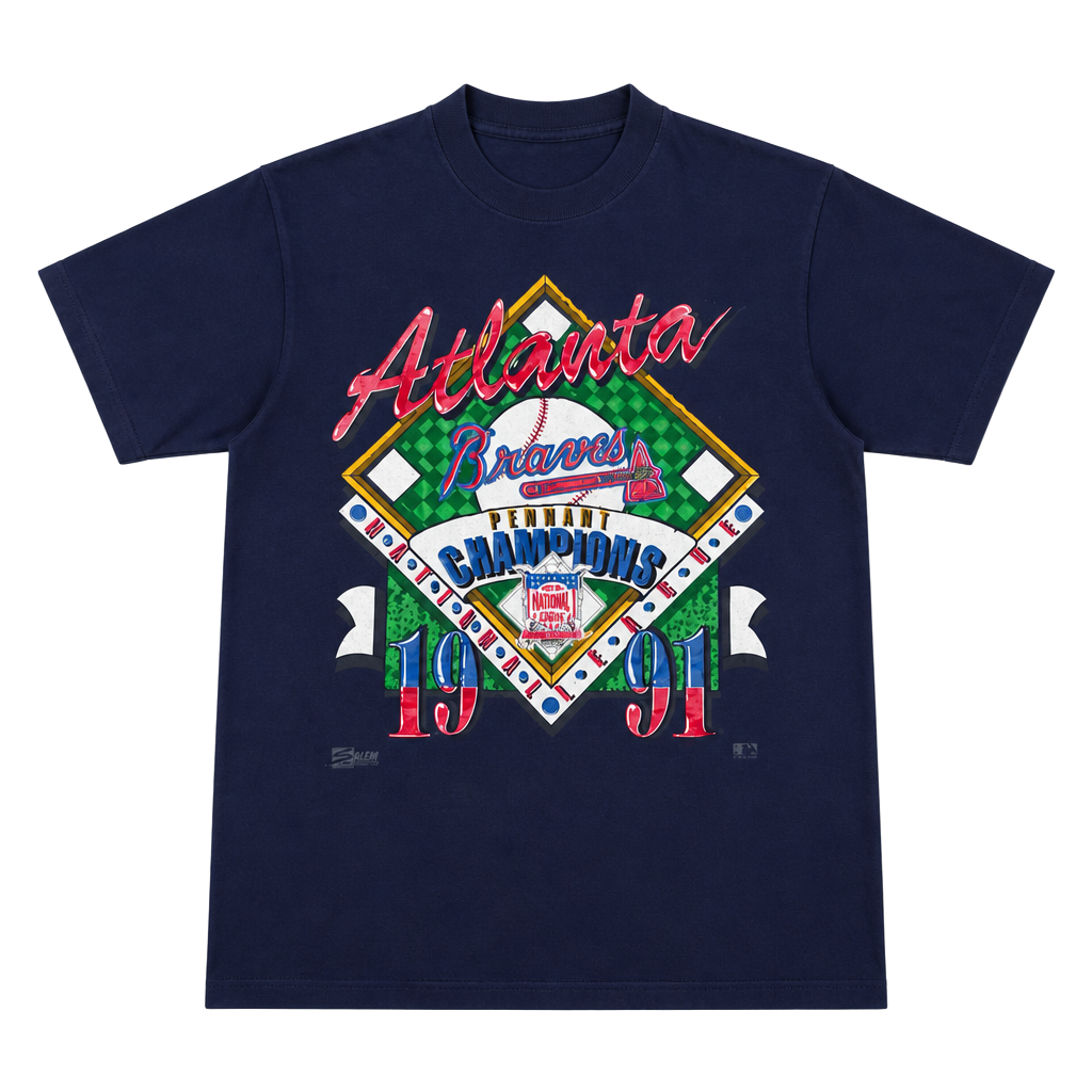 Anvil Atlanta Braves T-Shirt Size L 1991 Pennant Champions Navy Blue 1