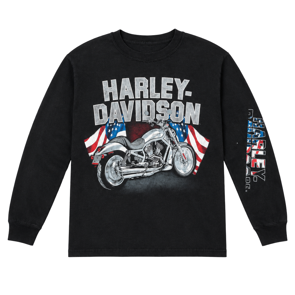Harley Davidson Long Sleeve T-Shirt Size S Black Motorcycle Flag Graphic 1