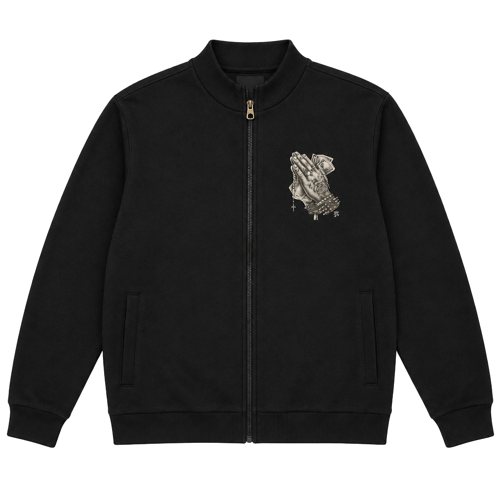 Bomber Jacket Size S Black Prayer Hands Money Graphic Zip Up 1