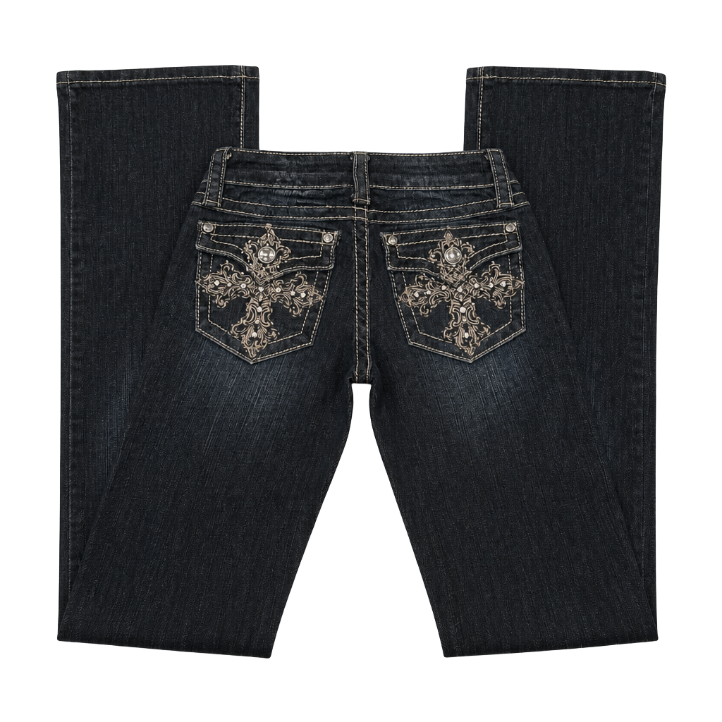 LA Idol Bootcut Jeans Rhinestone Embellished Flap Pockets 1