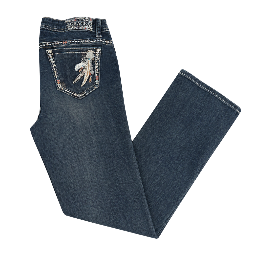 Grace in LA Women's Feather Insert Embellished Pockets Bootcut Stretch Jeans 1