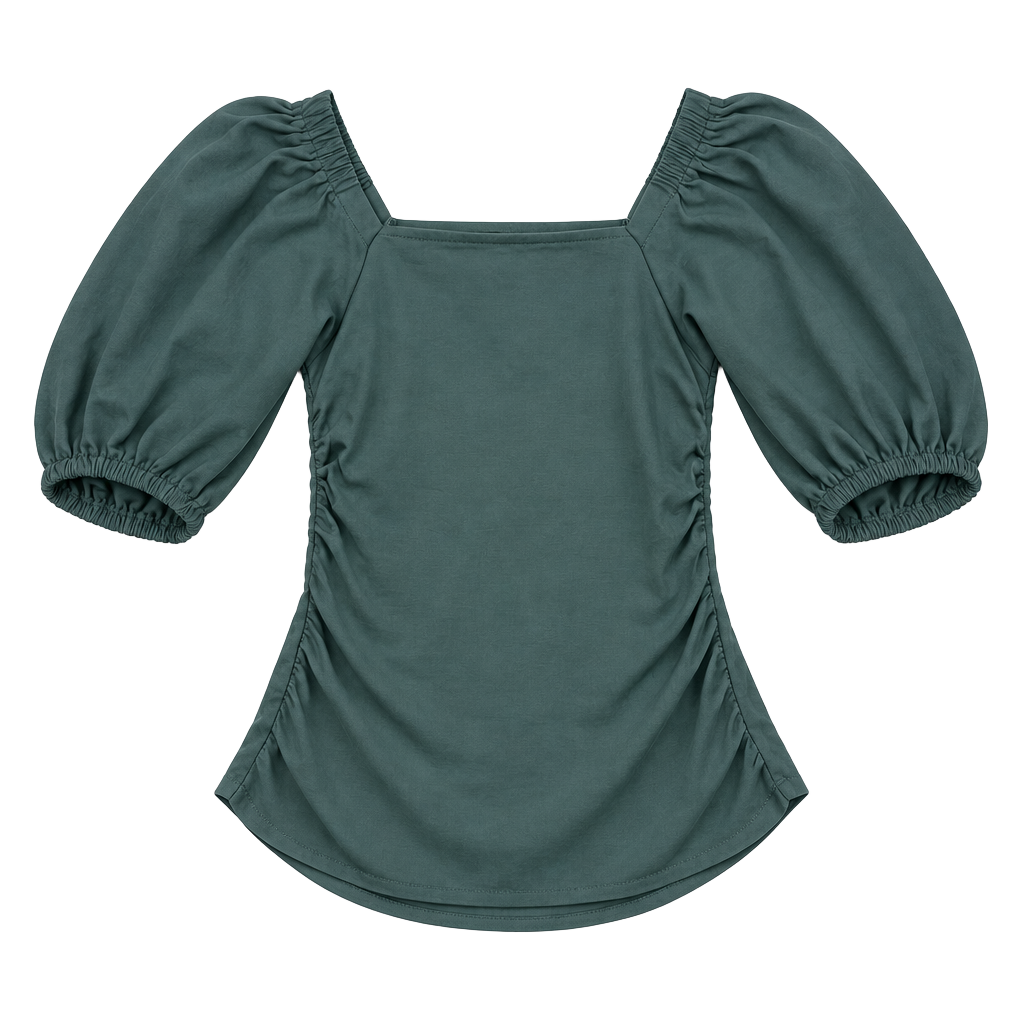 Loft Ruched Bubble Sleeve Top Size S Green Square Neck 1