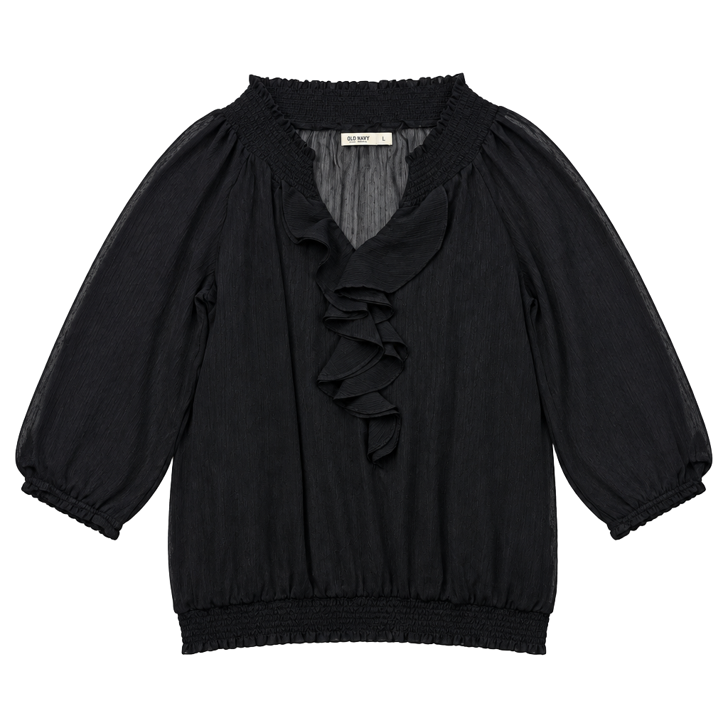 Old Navy Black Ruffle Chiffon Blouse Size M Smocked V-Neck Top 1