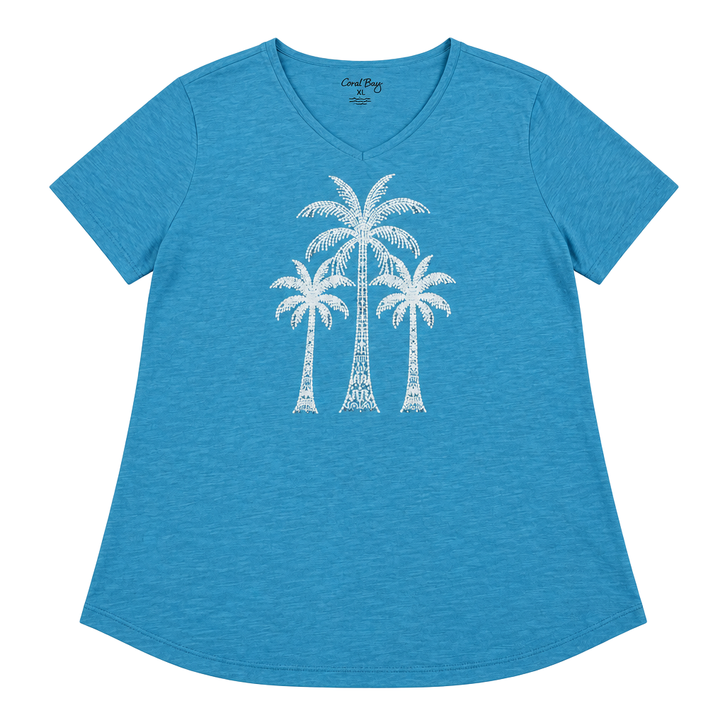Coral Bay Palm Tree V-Neck T-Shirt Size XL Blue Cotton Rhinestone 1