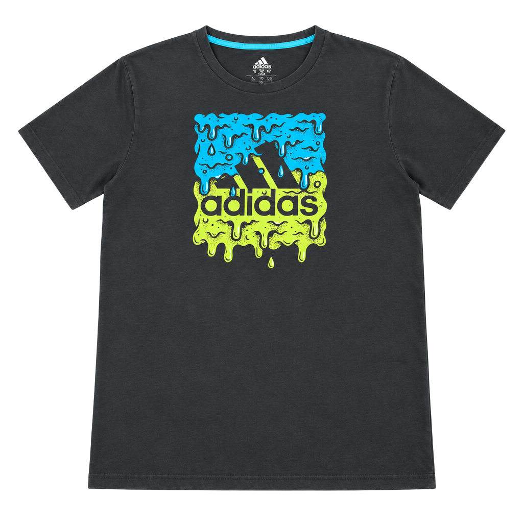 Adidas Boys XL 18/20 Black Drip Logo Graphic T-Shirt Blue Neon Green 1