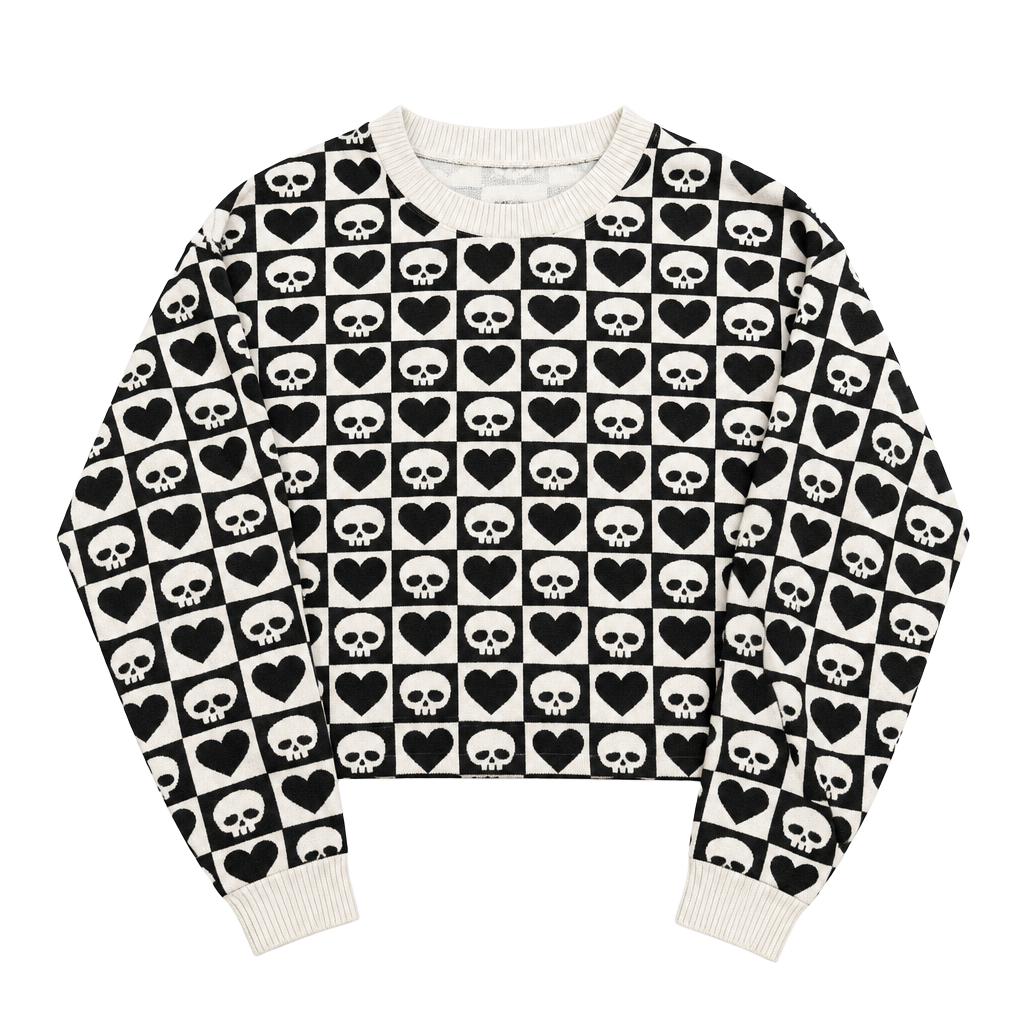 American Eagle AE Lounge Skull Heart Checkerboard Cropped Sweater XS Goth 1