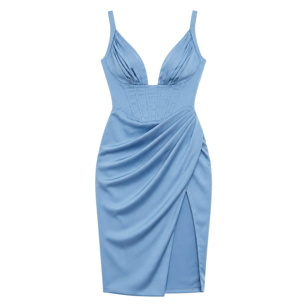 Clothing : Midi Dresses : 'Faye' Blue Satin Corset Midi Dress, 1